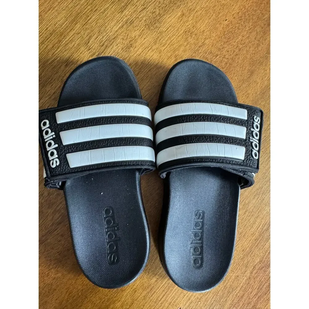 Adidas Black & White Slides Sandals Kids Size US 1 3-Stripes Comfort - Picture 1 of 9